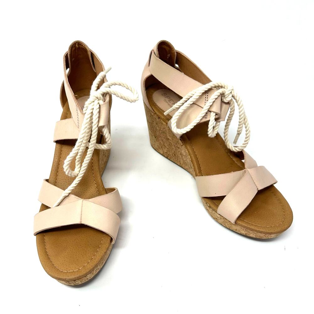 Sperry Size 8 Heels Beige Nude 3" Wedge Heel Sandals Ankle Tie Open‎ Toe Strappy